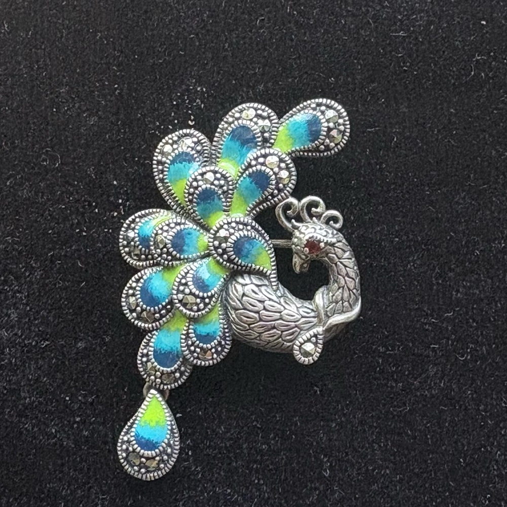 Vintage Art Deco Sterling Silver Peacock Lapel Pin With Ruby Eye